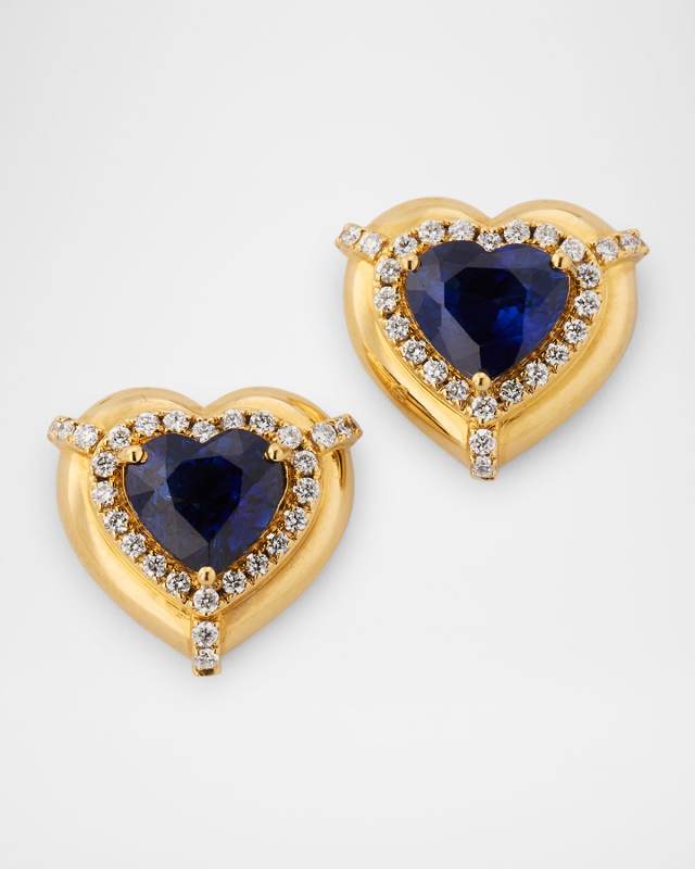18K Yellow Gold Blue Sapphire Heart Earrings with Diamonds